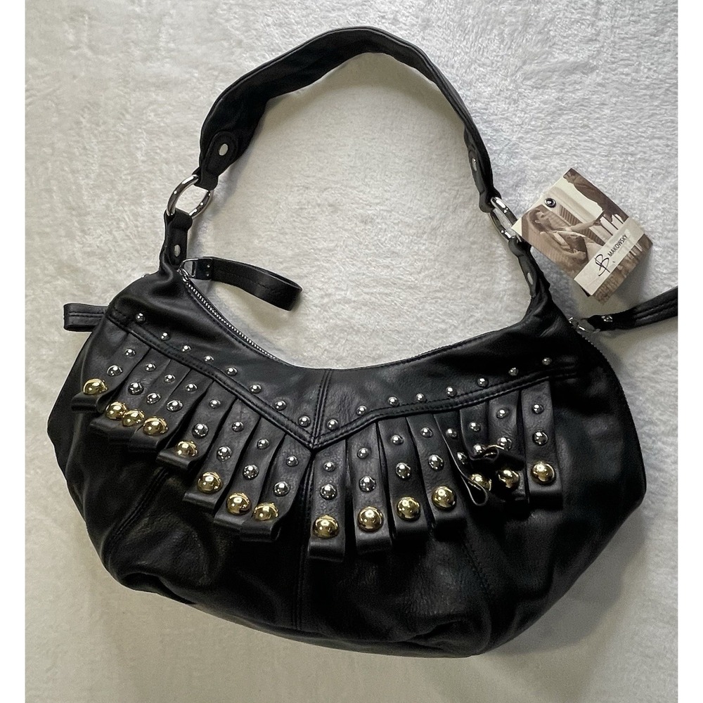 NEW B Makowsky Las Vegas Hobo Handbag Black Studded Leather Shoulder Bag Purse